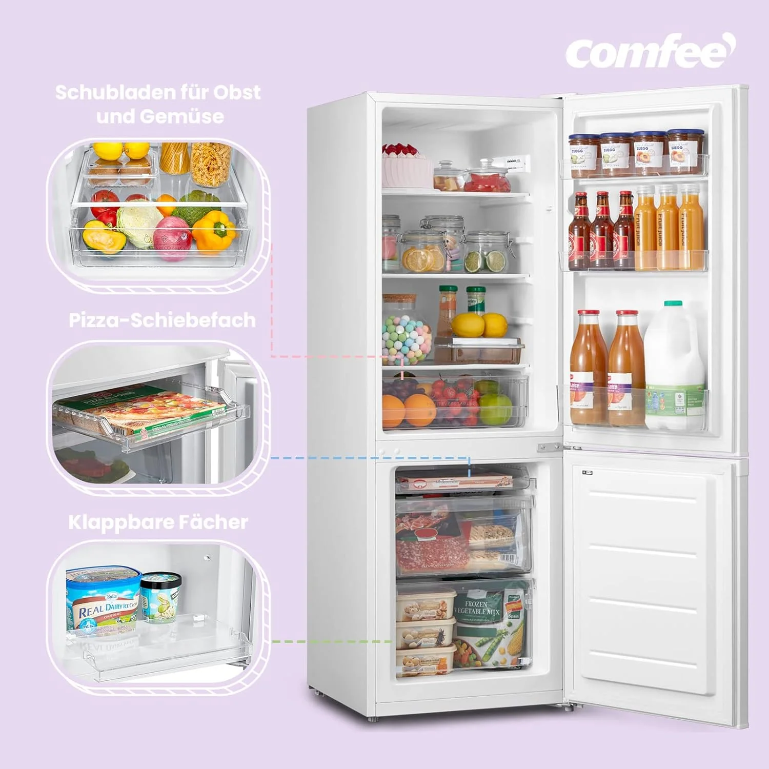 Comfee' RCB169DK3 Kühlschrank mit Gefrierfach 150cm Höhe/Kühl-/Gefrierkombination/Low Frost/174L/leise Kühlgefrierkombi 38dB/Einstellbare Kühlschranktemperatur/LED-Licht/156 kWh/Jahr/Schwarz