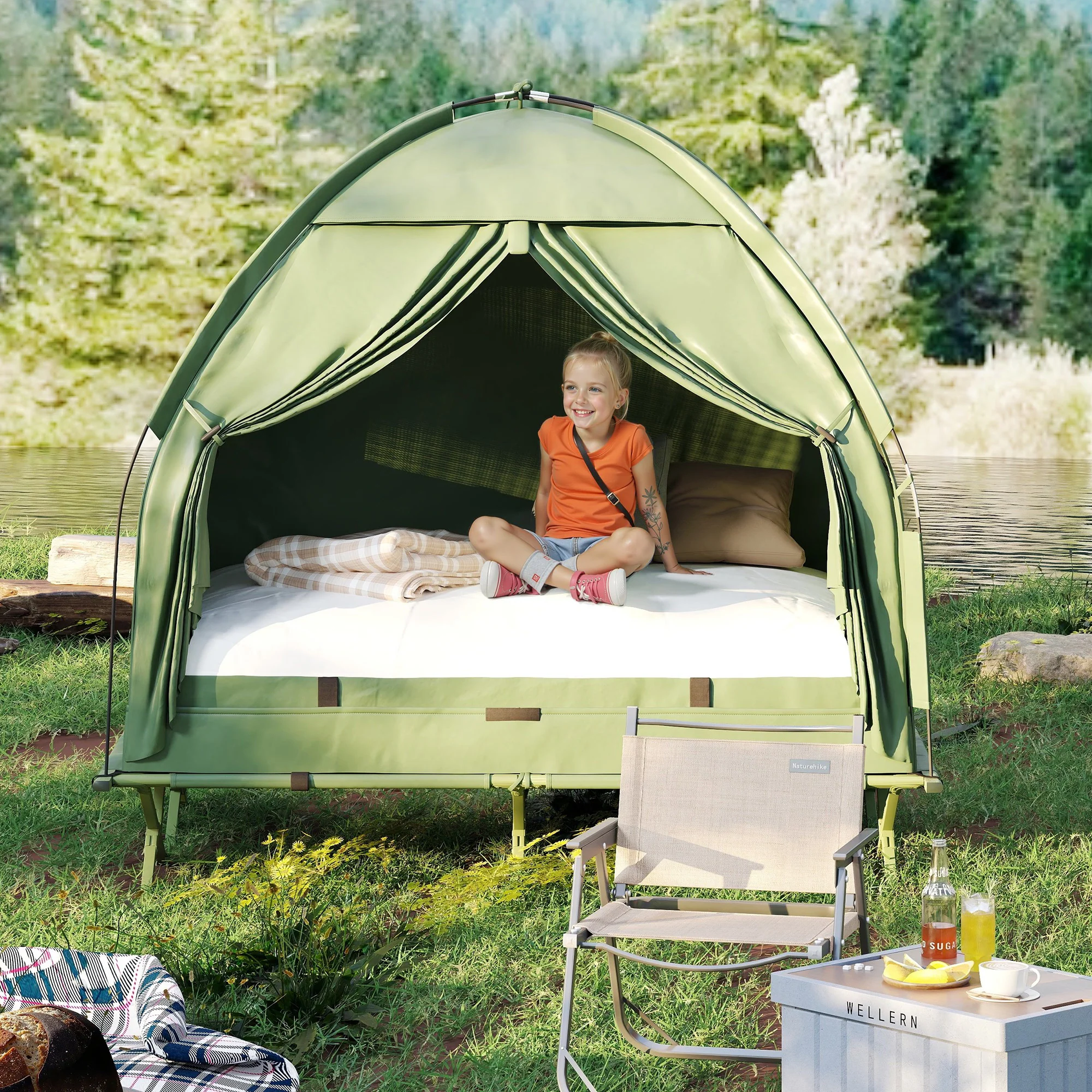 Outsunny Campingbedje met Matras Hoge Slaap Draagbaar, Groen