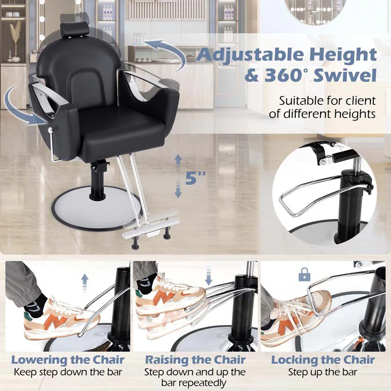Reclining Barber Chair, 360° Swivel Salon Chair with Heavy Duty Hydraulic Pump, Adjustable Height & Headrest for Hair Styling, Makeup, Tattoo