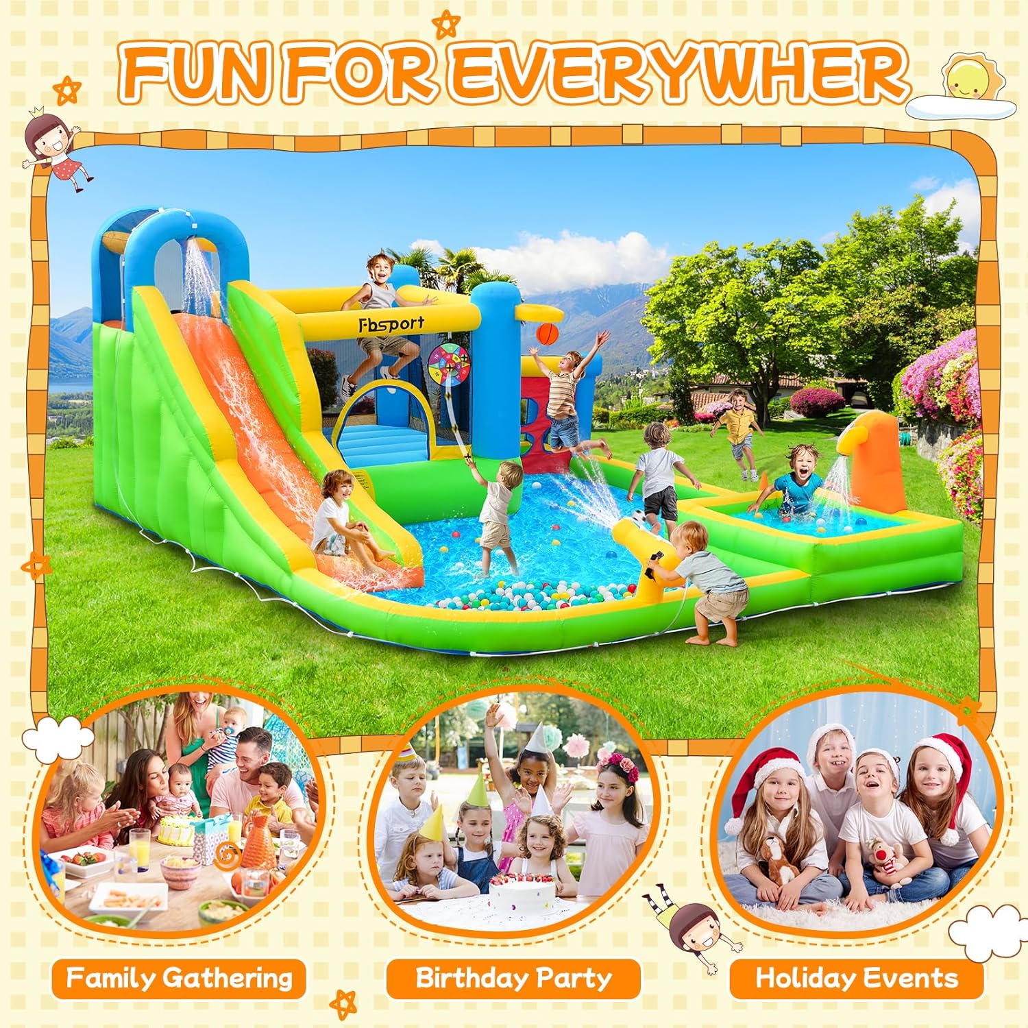 FBSPORT hüpfburg Outdoor mit gebläse hüpfburgen Kinder aufblasbare hüpfburg draußen XXL Outdoor für Erwachsene groß hüpfburg mit rutsche geeignet für Kinder