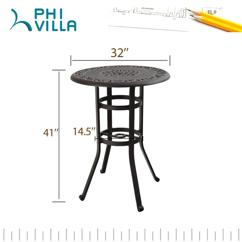 MAISON ARTS 3-Piece Cast Aluminum Patio Bar Stool Set of 1 Bar Table & 2 Swivel High Bar Stools