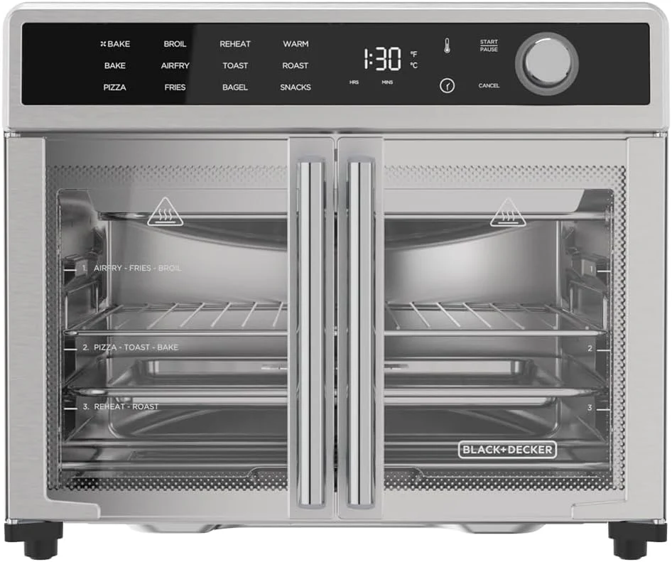 Air Fryer Toaster Oven Combo, 12 in 1 Countertop Convection Oven Cooks Food Fast, Fits a Whole Pizza or 6 Toast Slices, French Doors with Stainless Steel Finish.