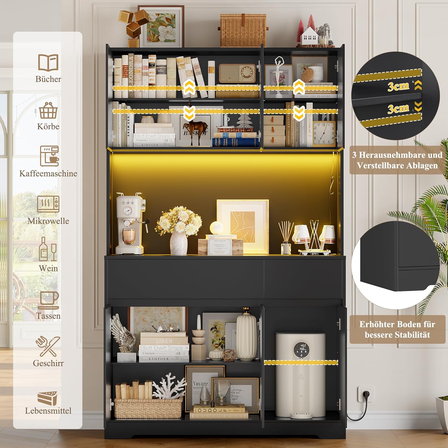 FirFurd Küchenschrank Buffetschrank mit LED und Steckdose Küchenschrank mit Arbeitsplatte Sideboard für Küche Wohnzimmer Esszimmer Küchenbuffet 180x100x38,5cm schwarz