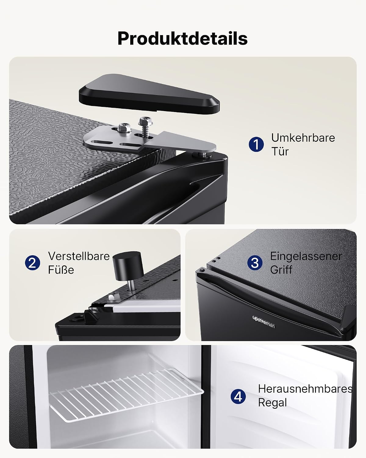 Upstreman 35L Gefrierschrank Klein, -21℃ 4 Sterne Mini Gefrierschrank,Umkehrbare Türen,Leise, Energiesparend,Reversibles Türscharnier,Tiefkühlschrank Klein,Büro, Hotel, Schwarz, UF35
