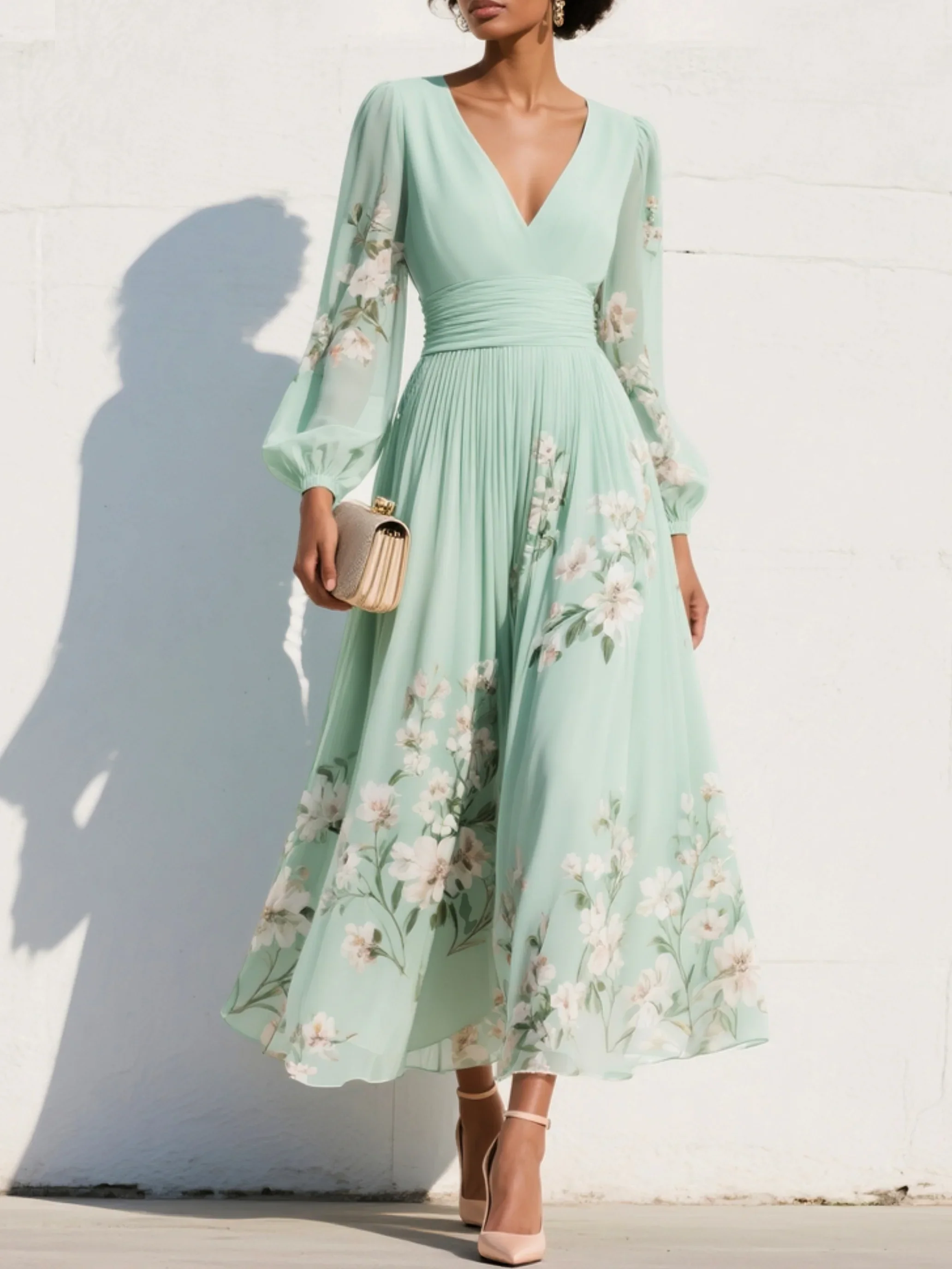 Womena??s Floral Midi Dress Lightweight Chiffon with Ruched Waist
