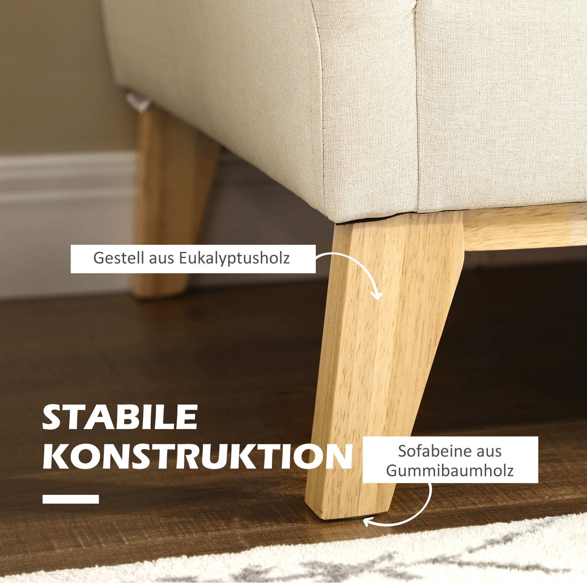 HOMCOM 2-zitsbank, Scandinavisch design, 2 sierkussens, frame van natuurlijk hout, beige, 137 x 78 x 78 cm