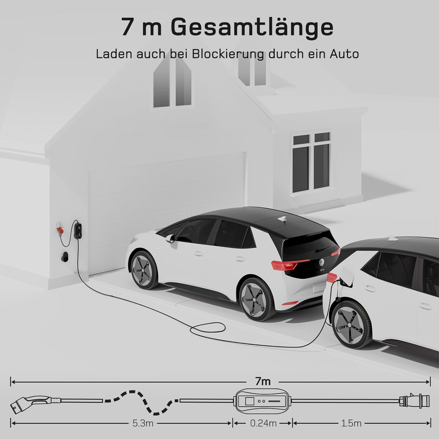 dé Mobile Wallbox/Ladestation 11kW 3-phasig|7m|6-16A] mit Traveller Adapter Set, Ladekabel CEE 16A auf Typ 2 und EV Ladegerät für Model Y/3, ID.3/4/5, MG4, EX30, e-up, e-tron, Zoe und andere EV