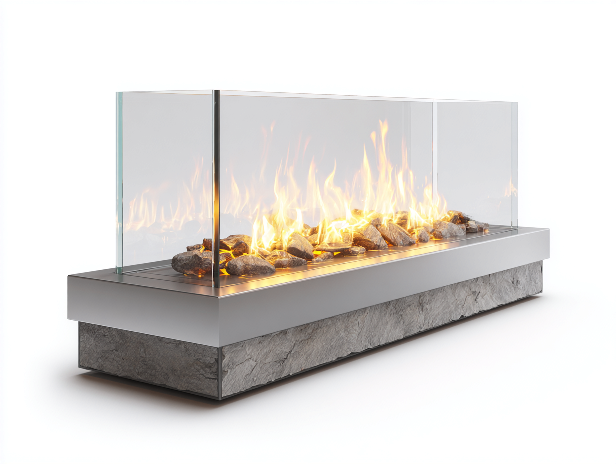 Caminetto elettrico in metallo e vetro con base in pietra 120x40x55 cm - argento/grigio/trasparente - per soggiorno - design moderno