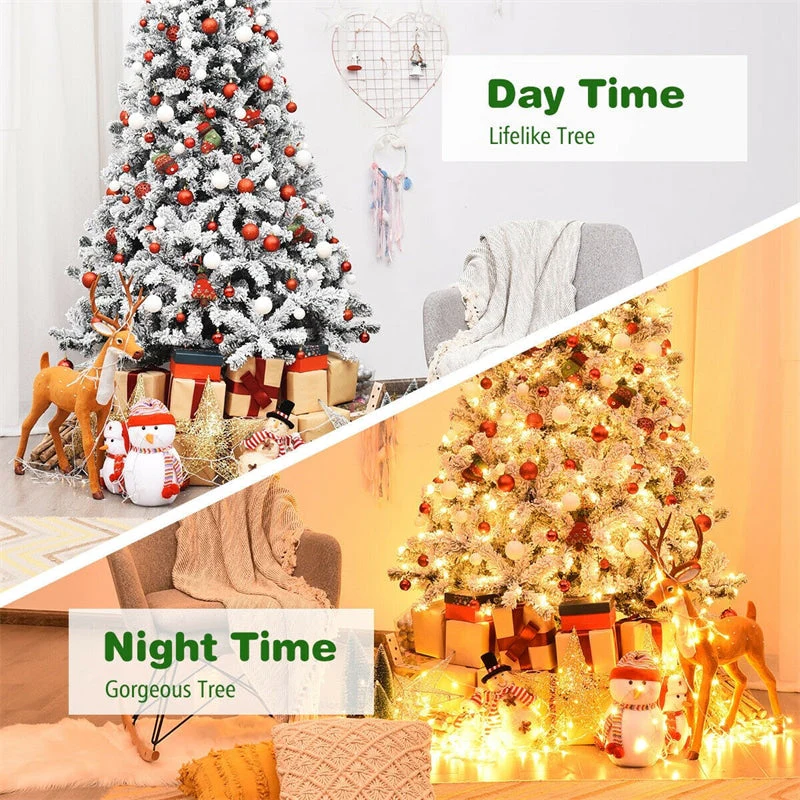 Premium Pre-Lit Snow Flocked Artificial Christmas Tree with Hinged Branch Tips & LED Lights