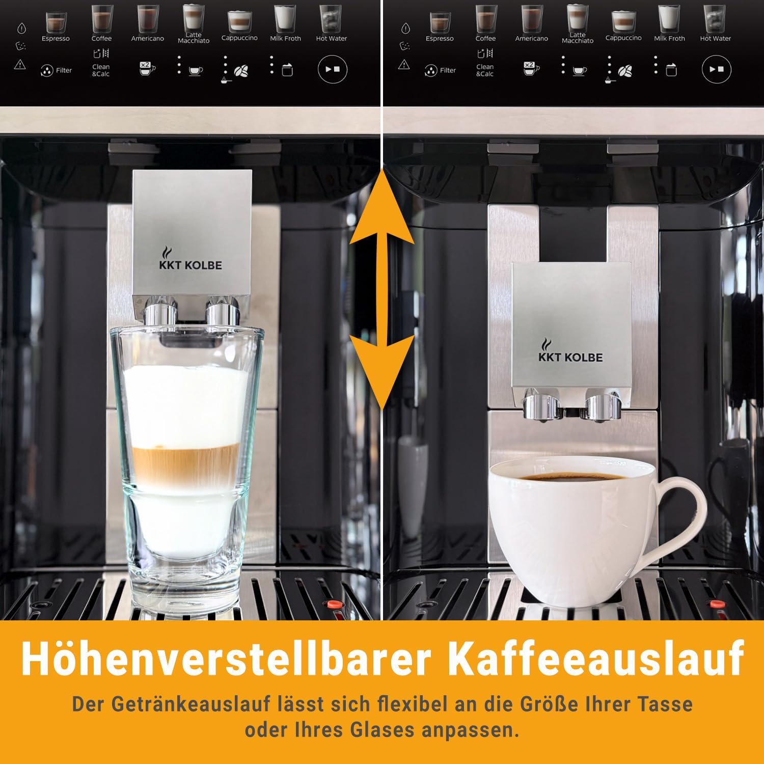 KKT KOLBE One Kaffeevollautomat mit Milchbehälter, Milchschaumdüse und Zubehör, 2 Tassen Funktion, 15 Bar, 7-stufiges Mahlwerk, Touchscreen, Automatische Reinigung, 7 Getränke, schwarz silber