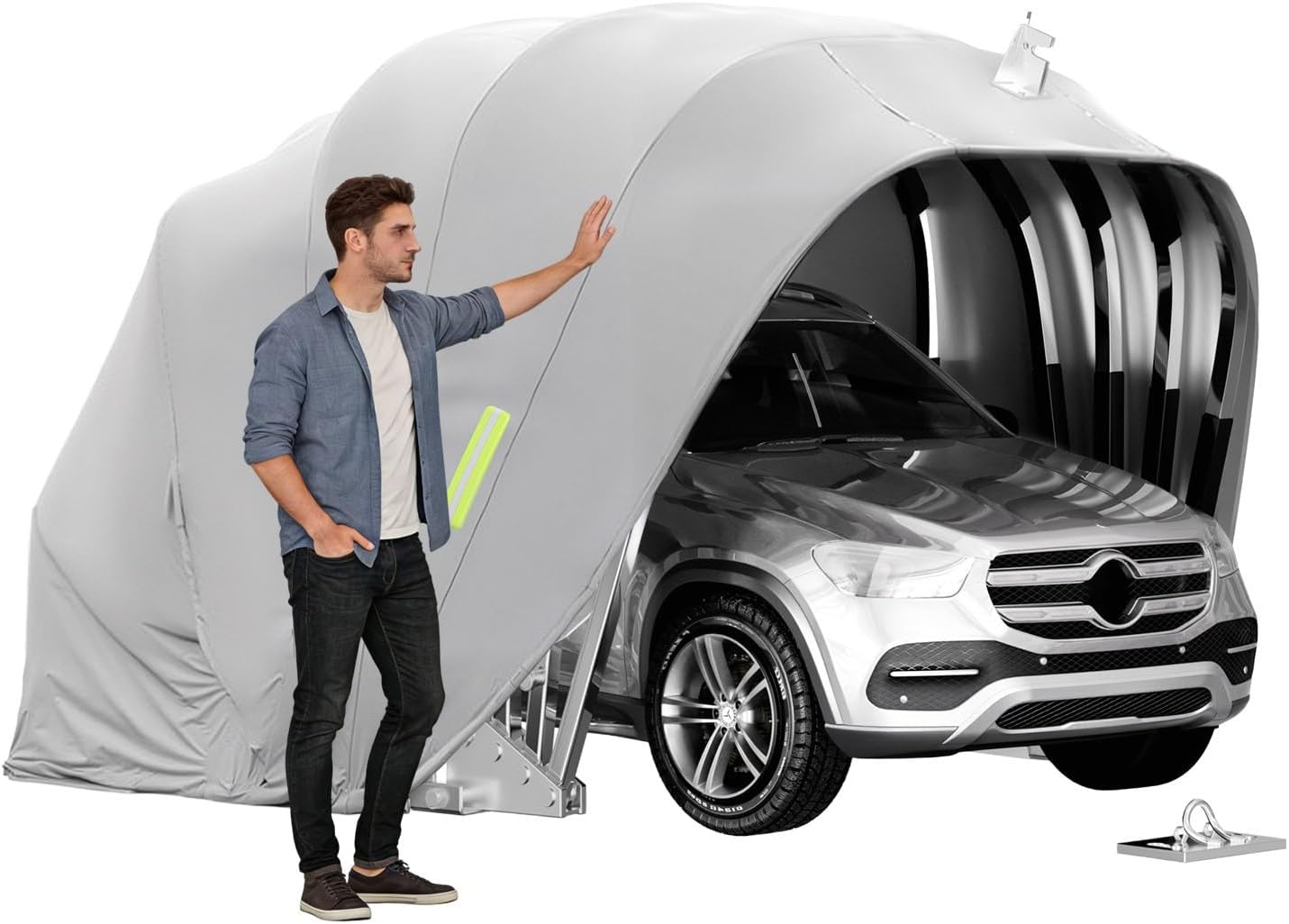 Qcesorib Carport in Acciaio Inox, Posto Auto Coperto Esterno, Garage Retrattile con Serratura, Box Auto da Esterno, Riparo Portatile per Auto, Resistente a Pioggia e Neve, 5.5/5.9x2.5x2.3