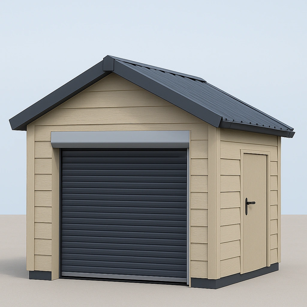 Prfabrikeret garage + lukket struktur med rulleport + beige/mrkegr + stl/syntetisk komposit + udendrs + 300x250x280 cm