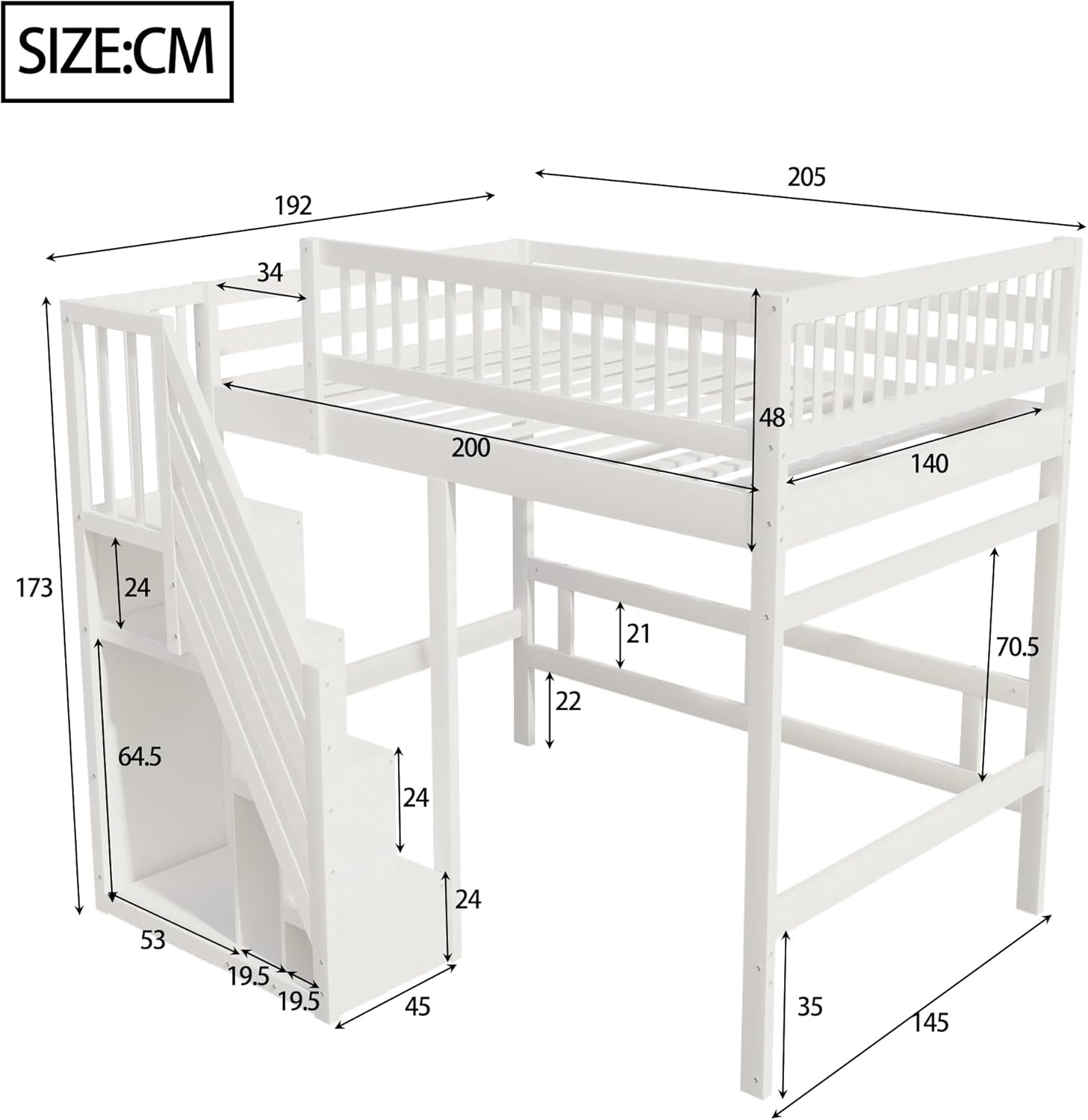 Kinderbett Etagenbett 140x200, Hochbett mit Treppe und Aufbewahrungsschrank, Multifunktionsbett Stockbett Spielbett Kinderhochbett Jugendhochbett mit Lattenrost & Rausfallschutz, Ohne Matratze, Weiß