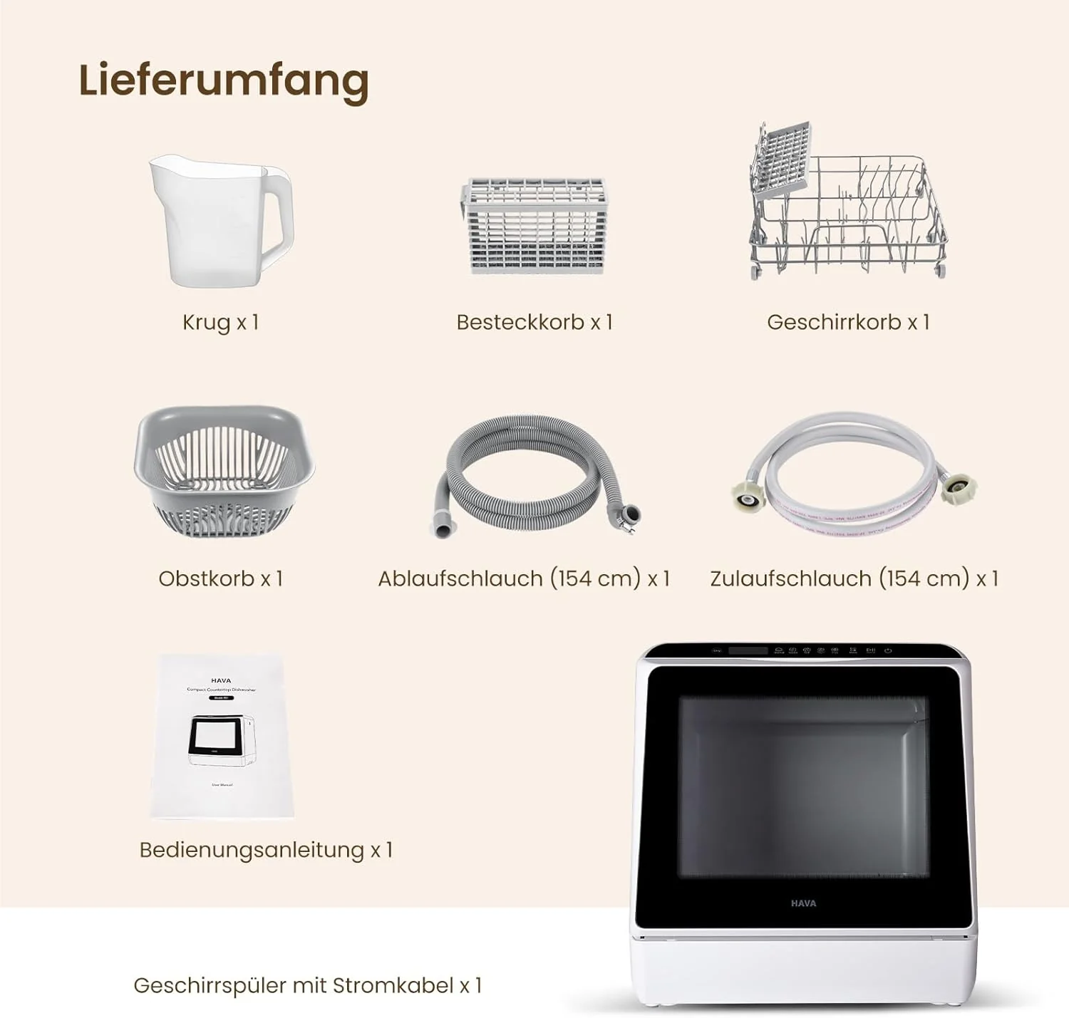 HAVA Tischgeschirrspüler, mini Spülmaschine mit 6 Programmen und eingebautem 5-Liter-Wassertank, kein Anschluss erforderlich, Babybedarfs- und Lufttrocknungsfunktion für Wohnungen und Wohnmobile