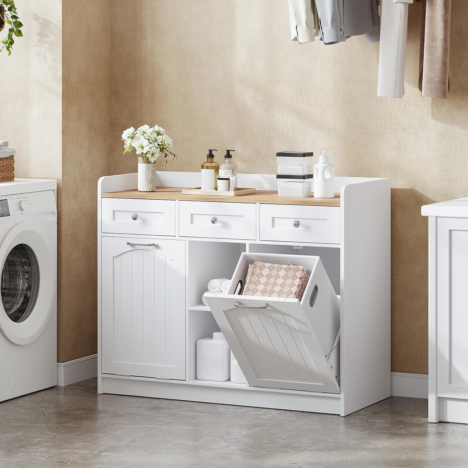 HOOBRO Laundry Cabinet with Dual Baskets and 3 Drawers, 20 Gallon Farmhouse Laundry Hamper with Shelves, Tilt Out Laundry Sorter Cabinet for Bathroom, Laundry Room, White and Walnut, WN41XY01