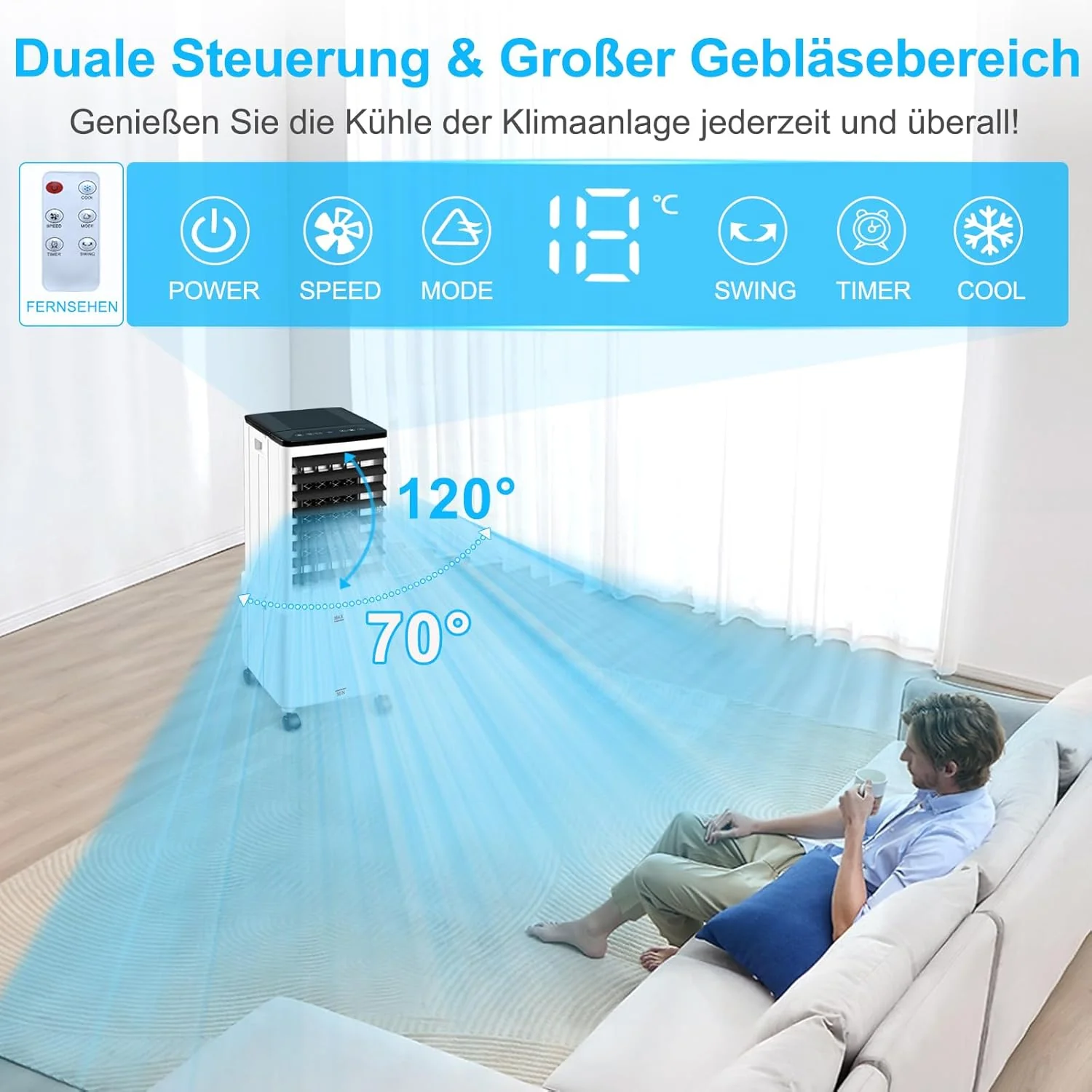 Condizionatore Portatile Senza Tubo, 12L 60W Raffrescatore Evaporativo con Timer 12H, 3 Modalità, 40dB, Oscillazione 120°, Serbatoio Acqua Rimovibile, Telecomando, Silenzioso Refrigeratore d'Aria per Casa Stanza Ufficio
