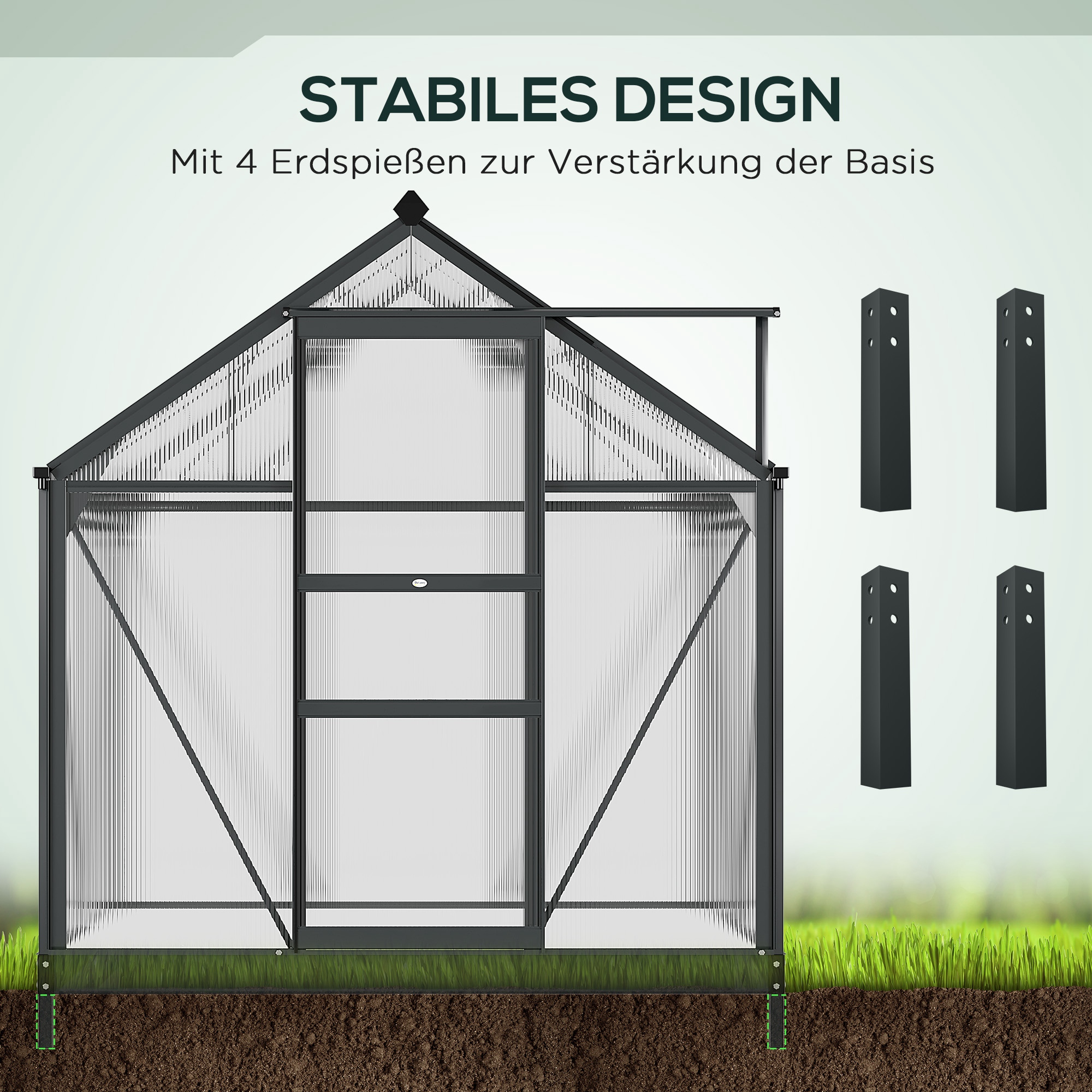 Outsunny Tuinkas Kas Kweekbak, Dakraam, bezoekbaar, verzinkte basis, weerbestendig, 190 cm x 132 cm x 201cm, Grijs