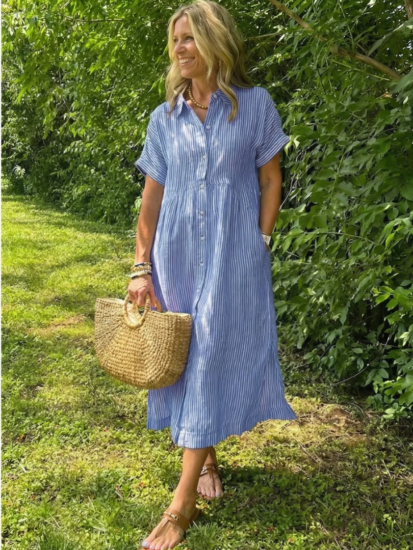 Women��s Striped Midi Dress Short Sleeve Button Front Casual Summer Style