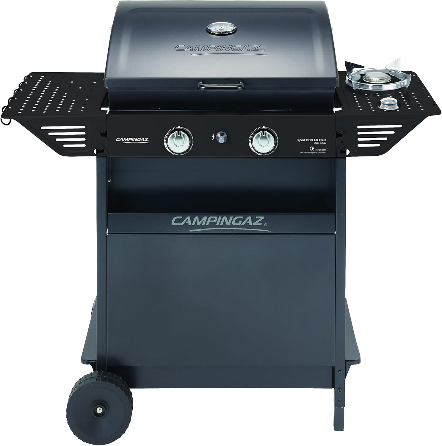 Campingaz Xpert 200 LS Plus Rocky BBQ a gas in pietra lavica, carrello BBQ con 2 bruciatori e 1 bruciatore lat., copertura + termometro, ripiano lat. ribaltabile, pot. 8,200 kW + 2,1kW bruciatore lat.