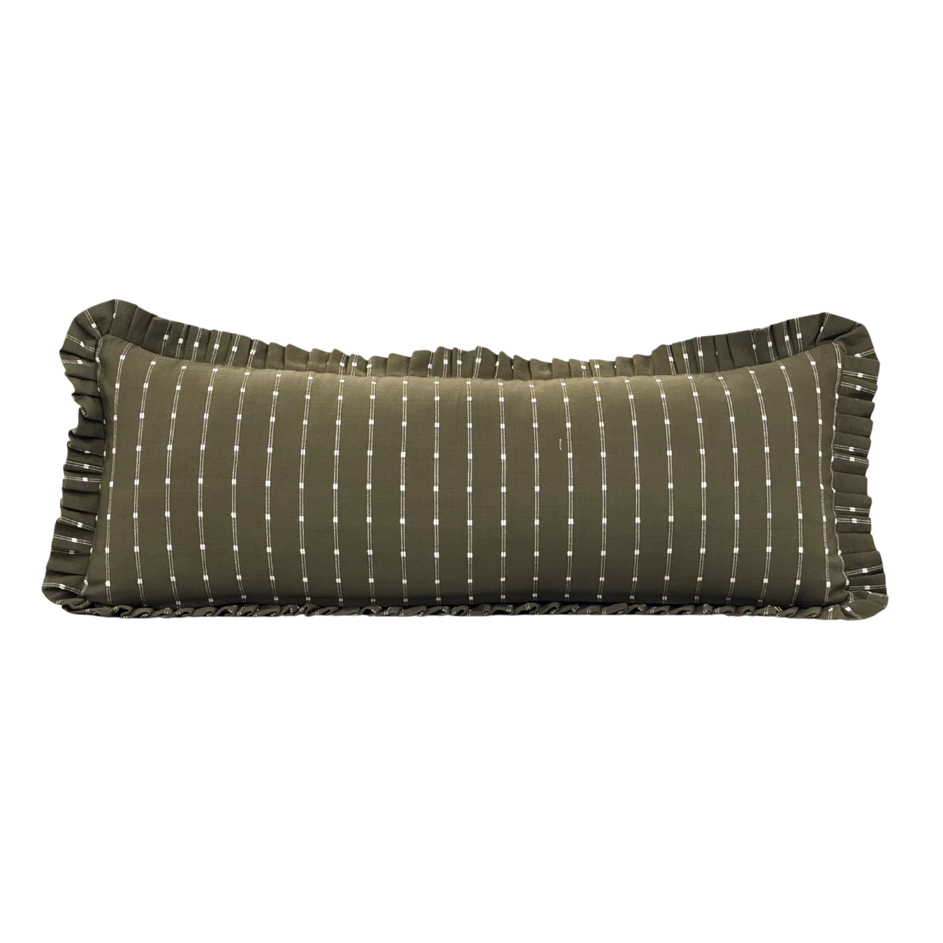 Ruffle Bolster Pillow Cover Dark Olive Green White Embroidery