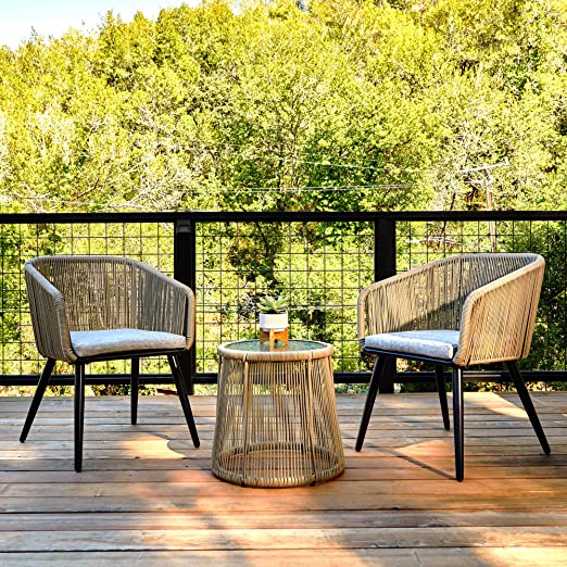 Patio Furniture Set 3-Piece Outside Bistro Set Handwoven Rattan Wicker Chairs with Waterproof Cushions Tempered Glass Table Outdoor Conversation Set for Porch Brown & Light Grey