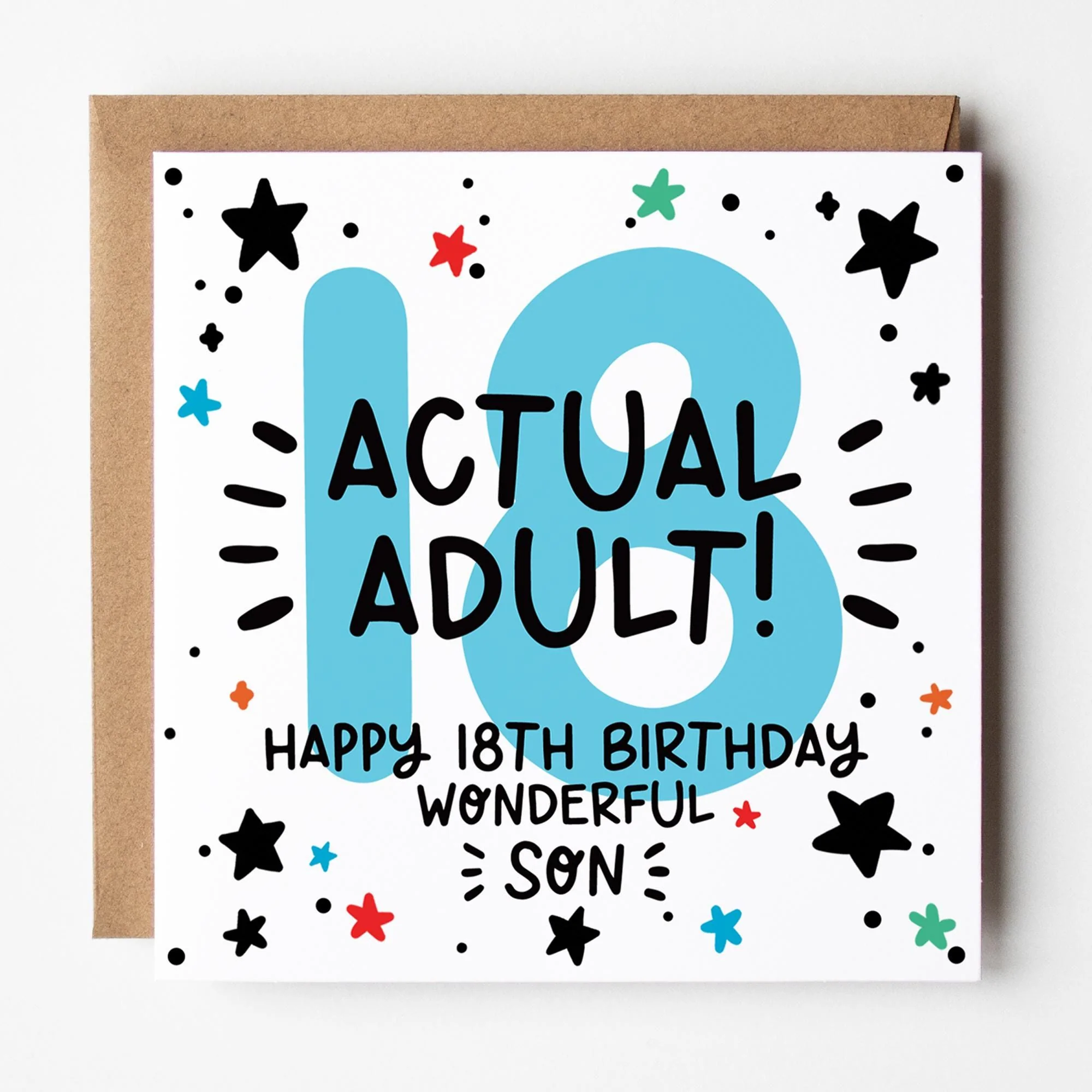 Son 18th Birthday Card; Blue 18, with Kraft Envelope