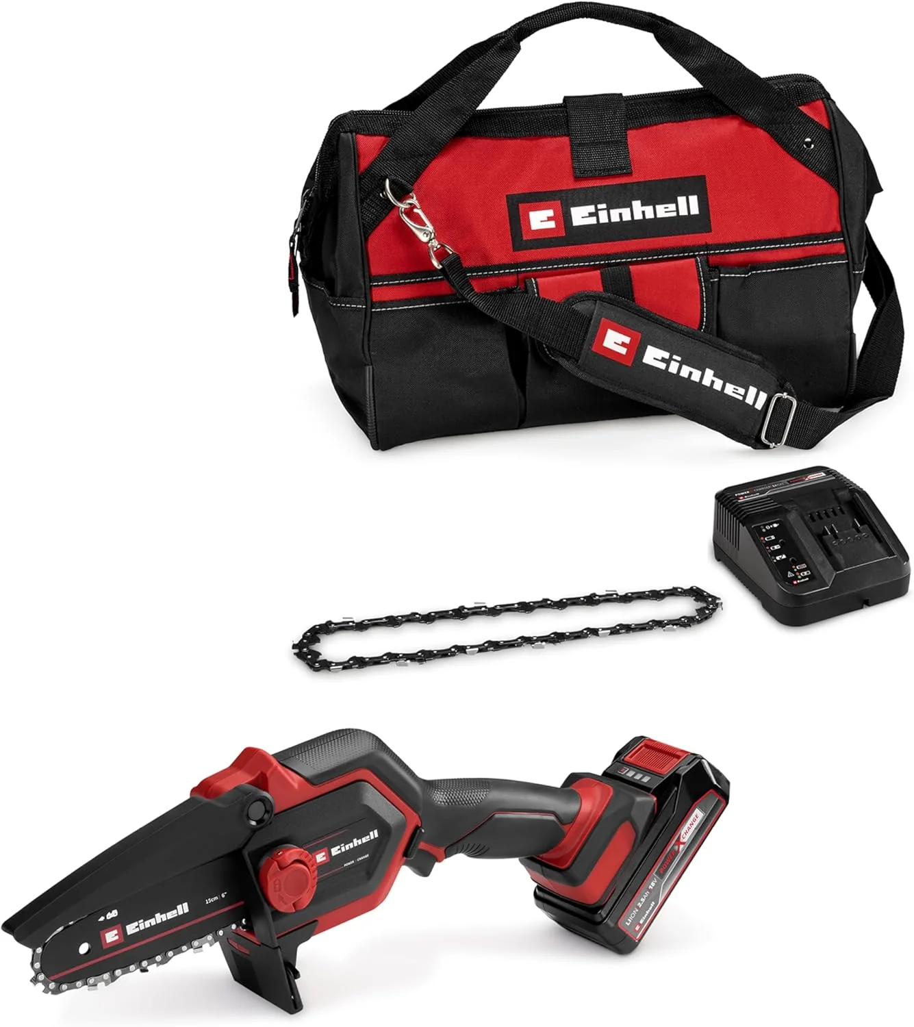 Einhell Akkus ágvágó láncfűrész GE-PS 18/15 Li Bag Kit Power X-Change (18 V, szénkefe nélküli, 12,5 cm vágáshossz, 2,5 Ah akkuval, töltővel, pót lánccal, Einhell Bag 45/29 táskával)