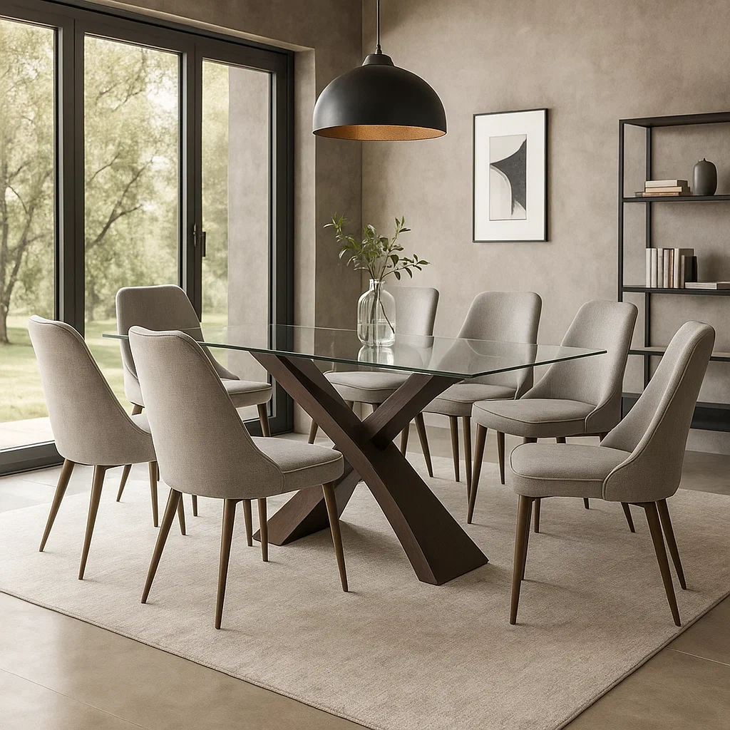 Spisest, 7 sder, tr og hrdet glas, beige, rektangulr, fast, 180x90x75 cm bord, 45x55x85 cm stol, indendrs - f6gIf2Kdo8j1