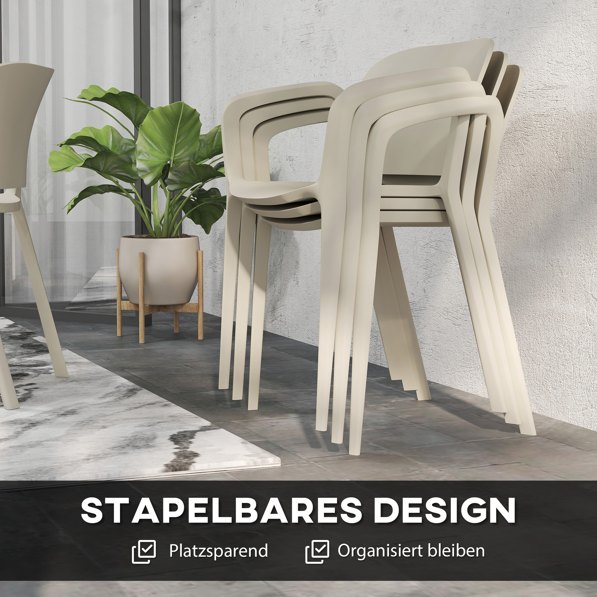 Outsunny Set van 4 Weerbestendige Tuinstoelen uit Kunststof, Stapelstoel met Arm- en Rugleuning tot 120 kg Belastbaar