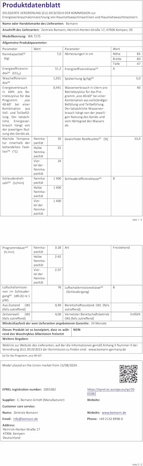 Bomann Wasmachine 7kg | maximaal 1400 tpm | 10 jaar motorgarantie | Effici?nte, stille en duurzame invertermotor | 15 programma's | Eindtijd Netnummer | LED-scherm | Wasmachine | WA 7175 wit