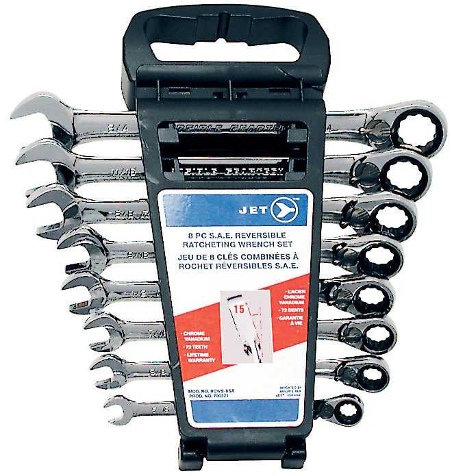 Jet RCWS-8SR,  ~  8 Piece Long SAE Reversible Ratcheting Combination Wrench Set