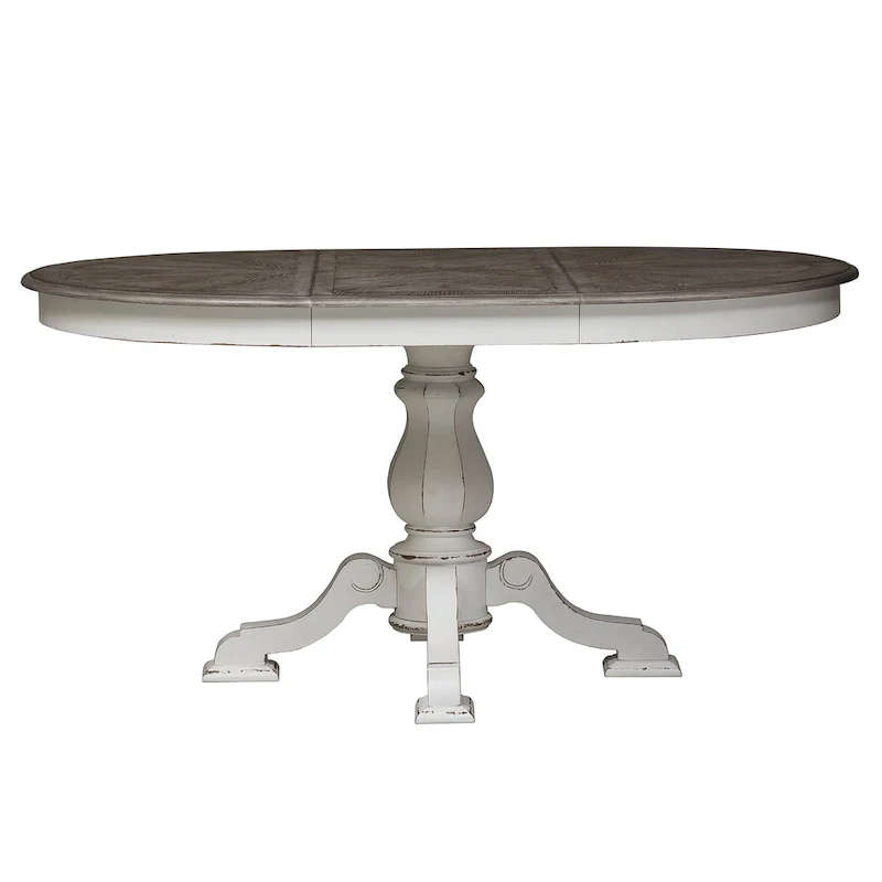 White Pedestal Dining Table with 4 Upholstered Chairs