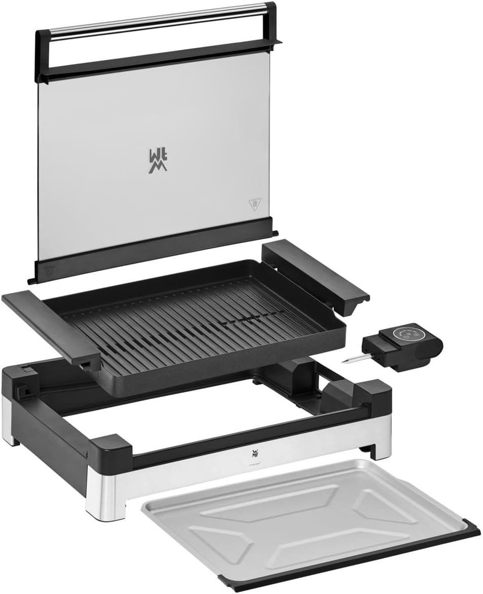 WMF Lono Tischgrill elektrisch mit Glasdeckel, beschichtete Grillplatte, herausnehmbare Auffangschale, spülmaschinenfest, Edelstahl matt, 2200 Watt
