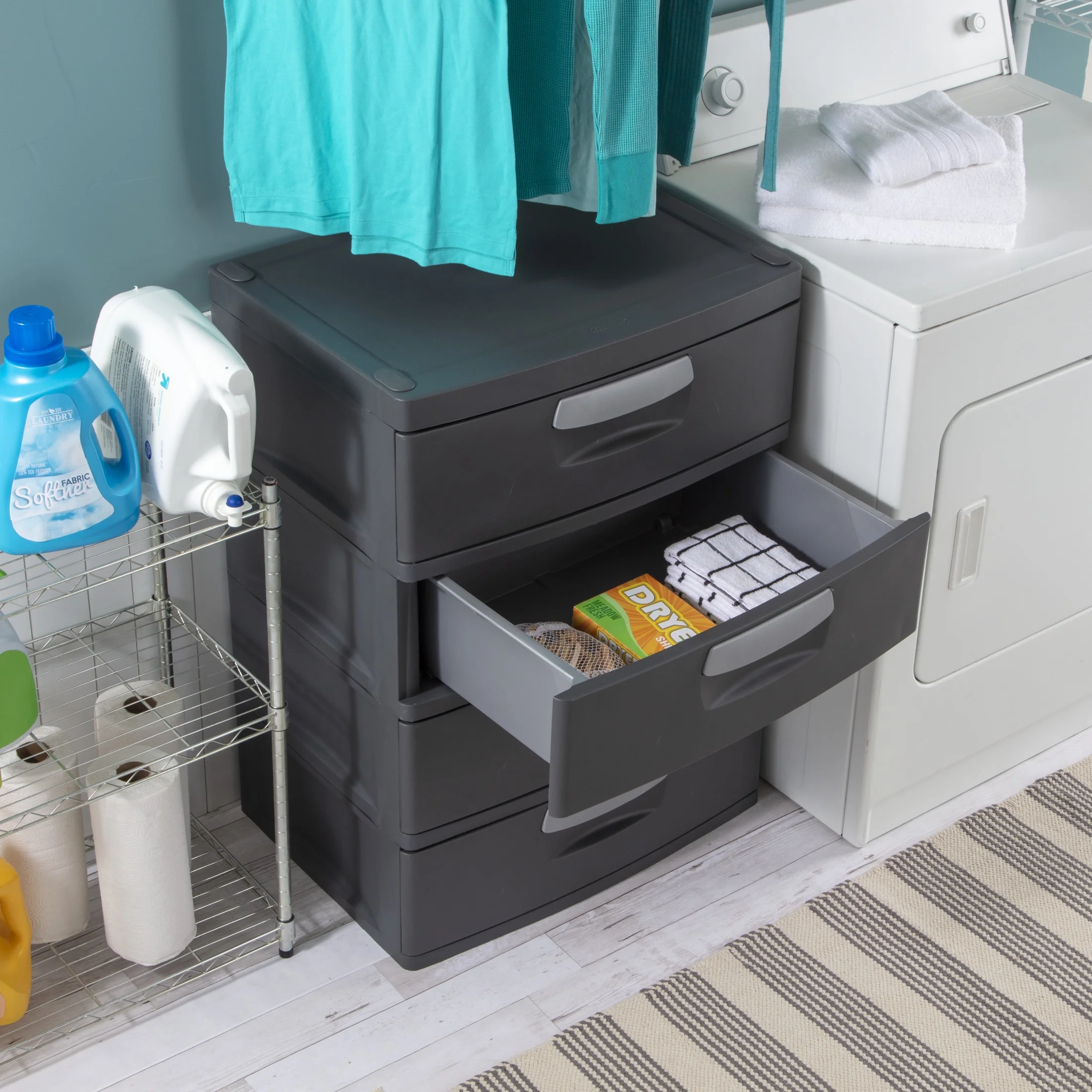 Sterilite 4 Drawer Unit, Durable Plastic Storage Solution for Garages and Basements, Dark Gray