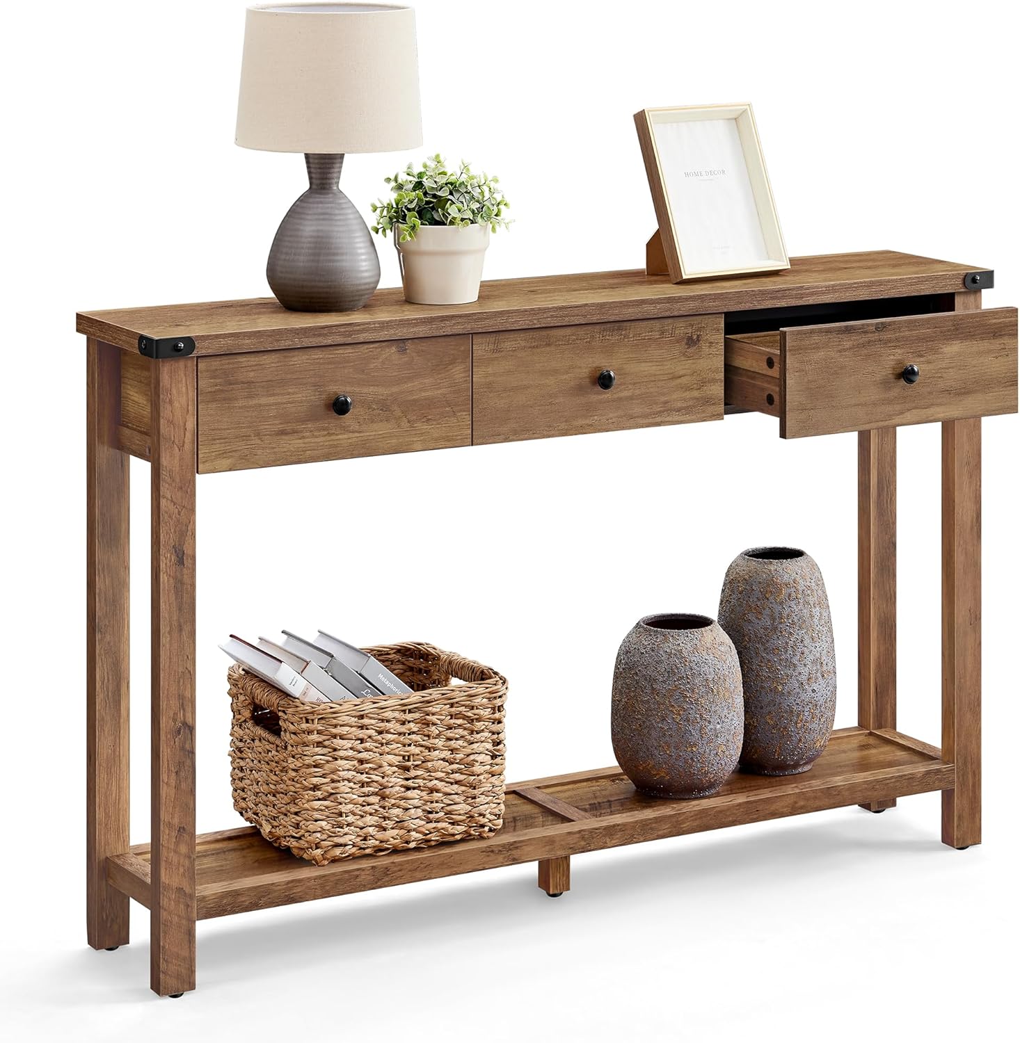 VASAGLE LIRY Collection - Console Table with 3 Drawers and Open Storage Shelf, Narrow Entryway Sofa Table for Living Room, Farmhouse Style, Metal Corners, Honey Brown ULNT142KB02S