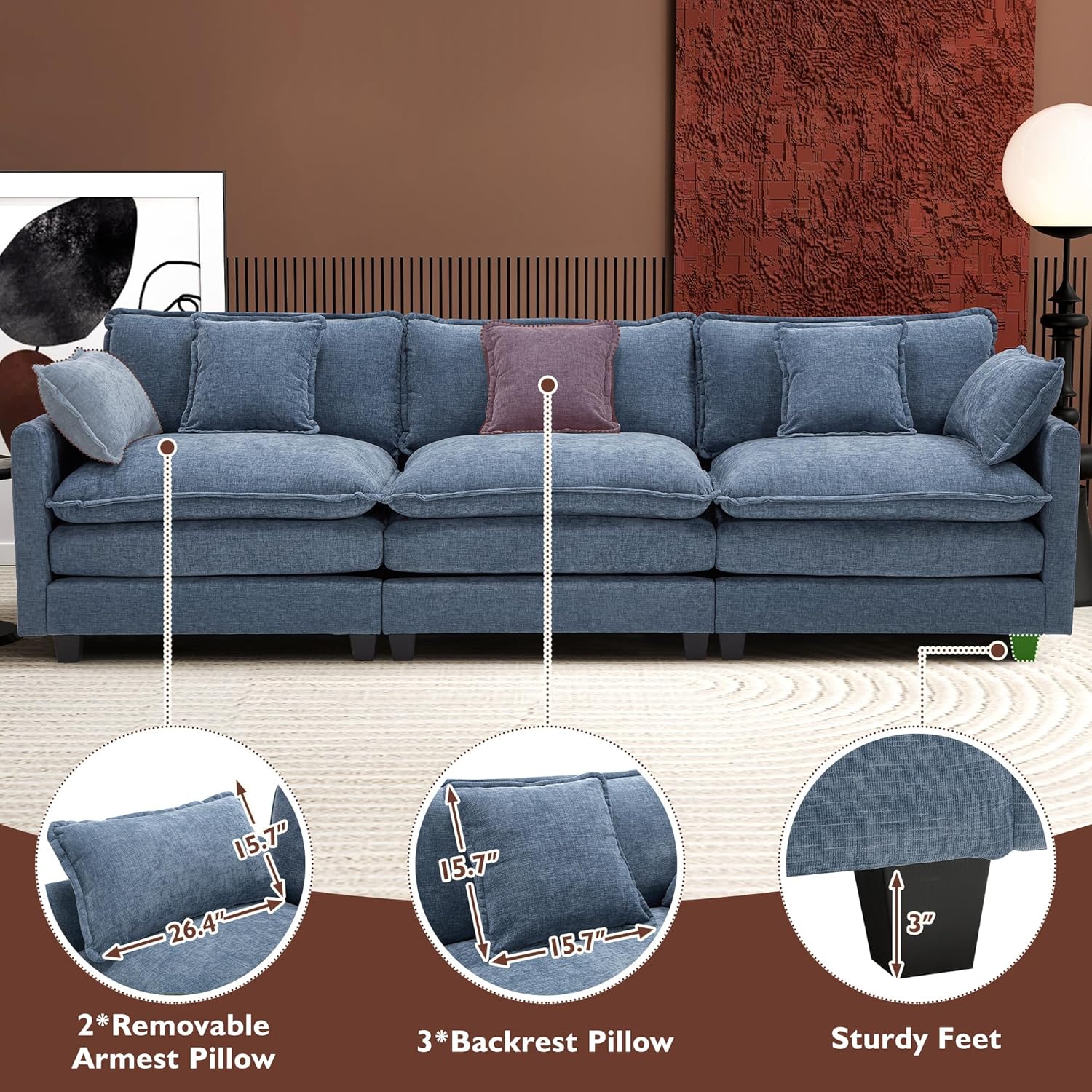 111.4 Inch L-Shaped Modern Sofa Modular Cloud Sofa Ottoman 4-Seater Chenille Deep Seat Sofa
