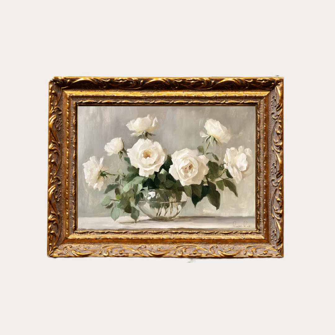 White Rose Bouquet | French Brass Inspired Gold Mould Framed Art