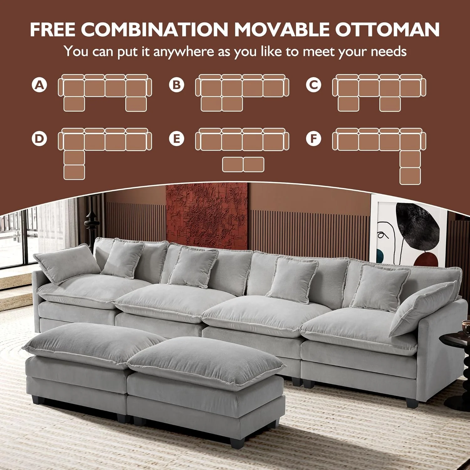 111.4 Inch L-Shaped Modern Sofa Modular Cloud Sofa Ottoman 4-Seater Chenille Deep Seat Sofa
