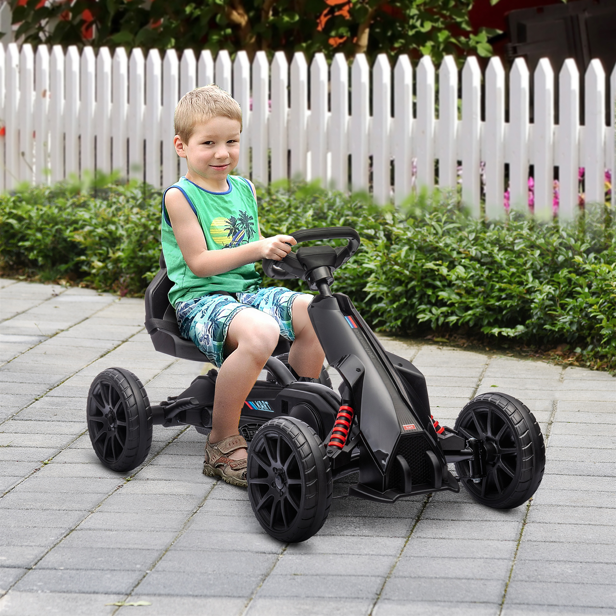 HOMCOM Go-Kart Kinderrijtuig met Verstelbare Zitting, Trapvoertuig, Trapauto met Handrem, 3-8 Jaar, Buiten, Zwart