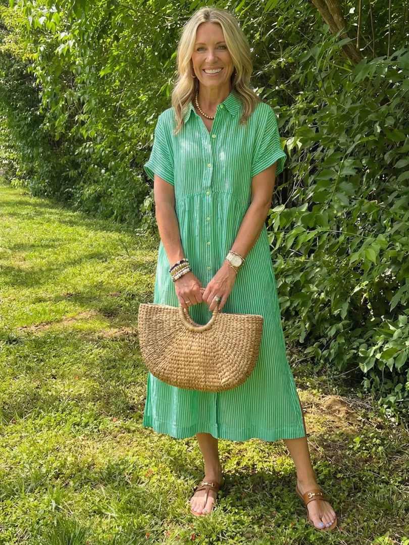 Women��s Striped Midi Dress Short Sleeve Button Front Casual Summer Style