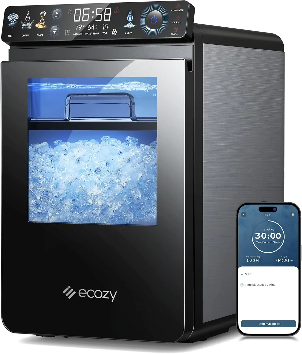 Nugget Ice Maker Pultra, Okos Kavics Jég Gép APP Vezérléssel, 20 kg/24H Lágy Pellet Rágcsálható Jég Öntisztítással, Rozsdamentes Acél