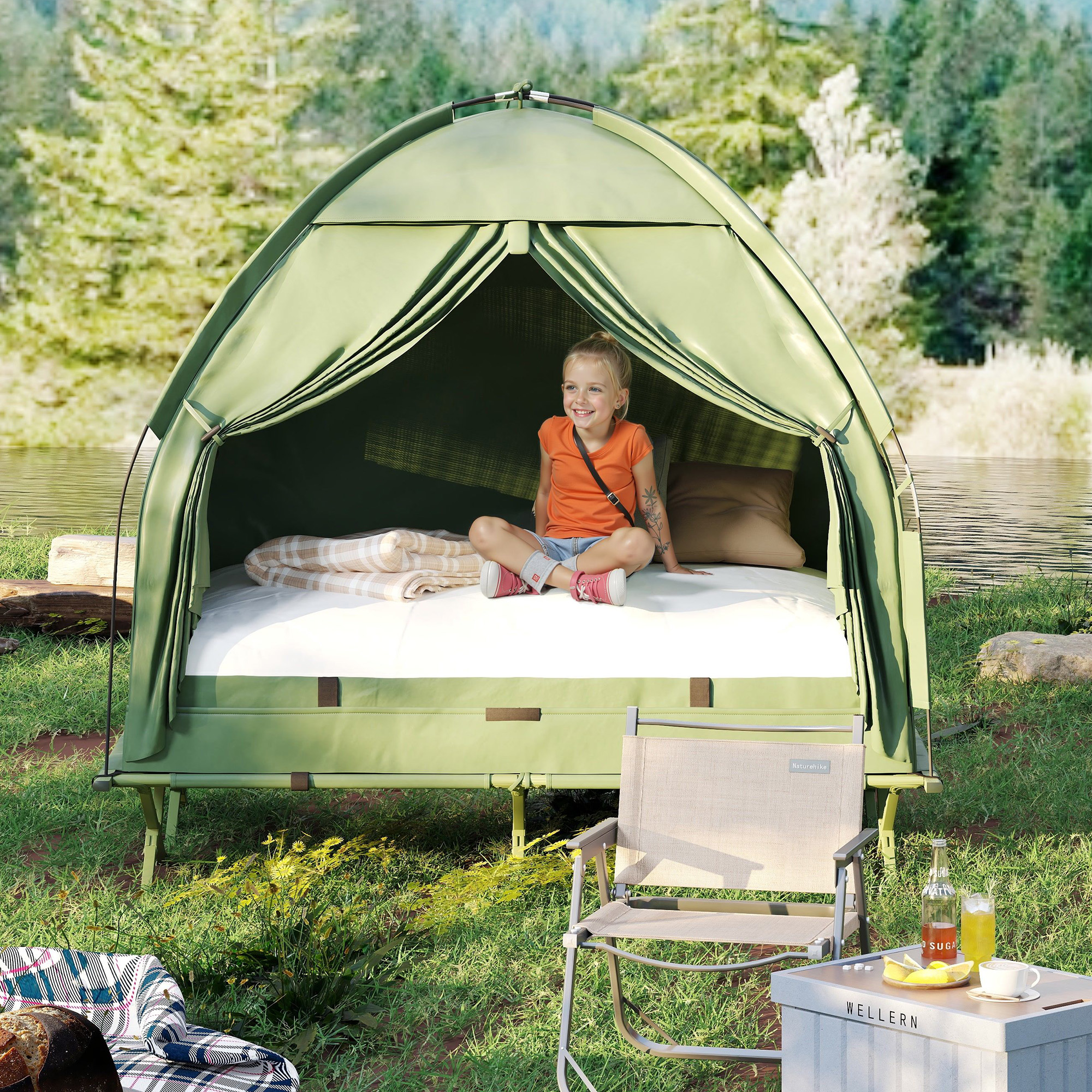 Outsunny Campingbedje met Matras Hoge Slaap Draagbaar, Groen