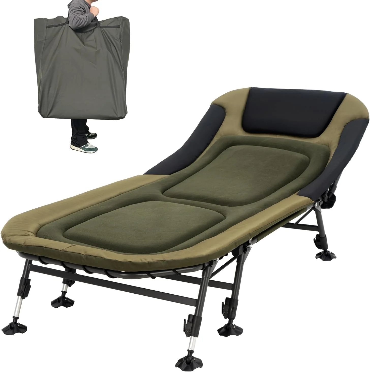 Kempingágy felnőtteknek, 150 kg teherbírással, hordtáskával, nagy teherbírású összecsukható ágy puha párnázott matraccal, hordozható katonai ágy vadászathoz, 180°-ban állítható háttámlájú kültéri nyugágy