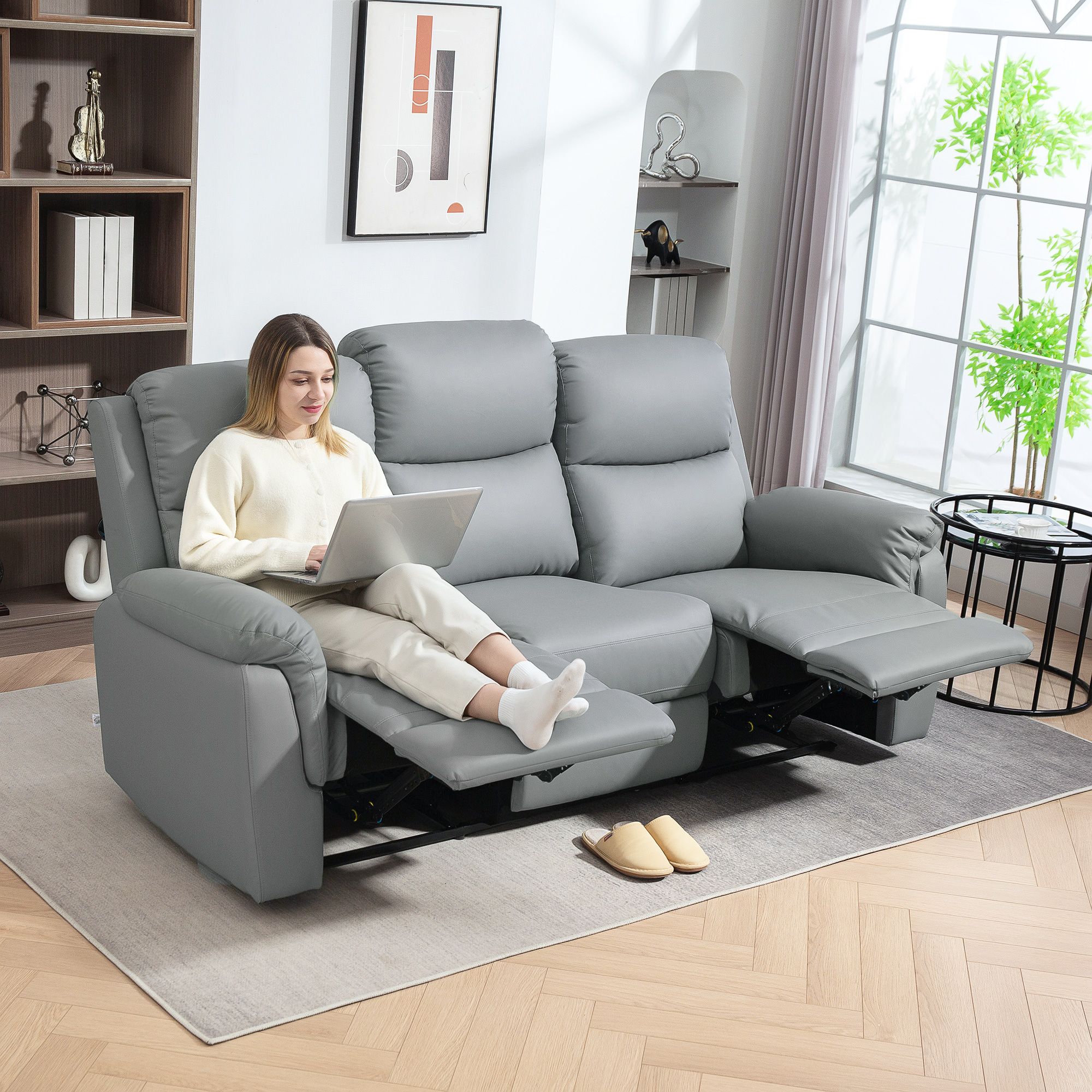 HOMCOM 3-zits Sofa, Links en Rechts Leunend, Aanpasbare Voetsteun, Kunstleder, Voor Woonkamer, Donkergrijs