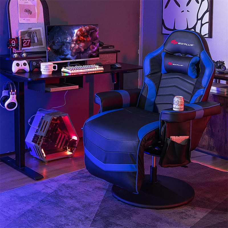 Ergonomic Gaming Recliner Chair with Massage, Retractable Footrest & Cup Holder, Height Adjustable Racing Style Swivel Video Game Chair