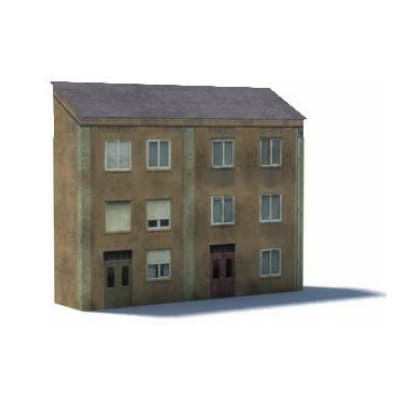 Background Terrace House (tan, 3 level, 10 windows, gray sloped roof)