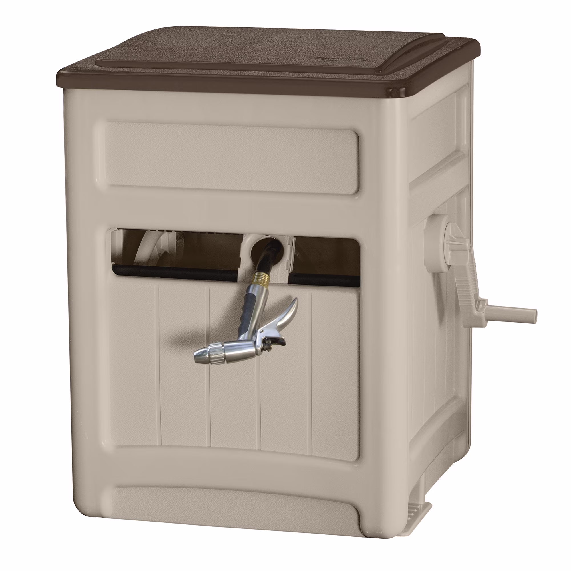 Suncast Hose Hideaway 225' Outdoor Garden Hose Reel with Storage Bin and Hose Guide, Taupe