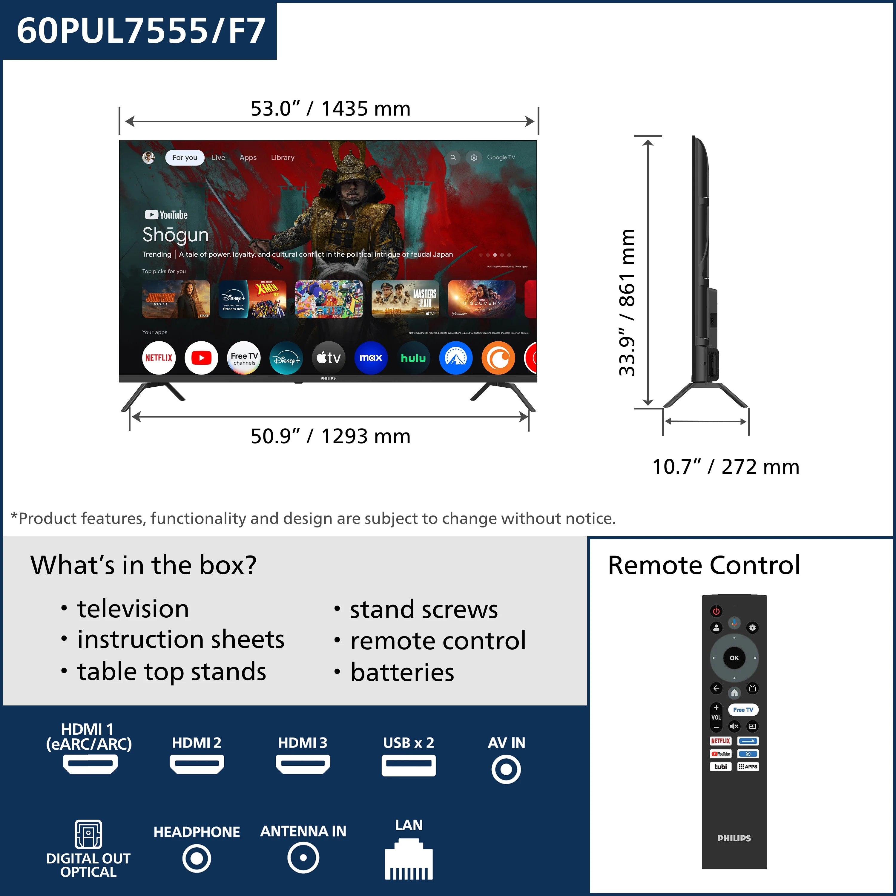 Philips 60?? Class 4K Ultra HD (2160p) Google Smart LED TV (60PUL7555/F7)