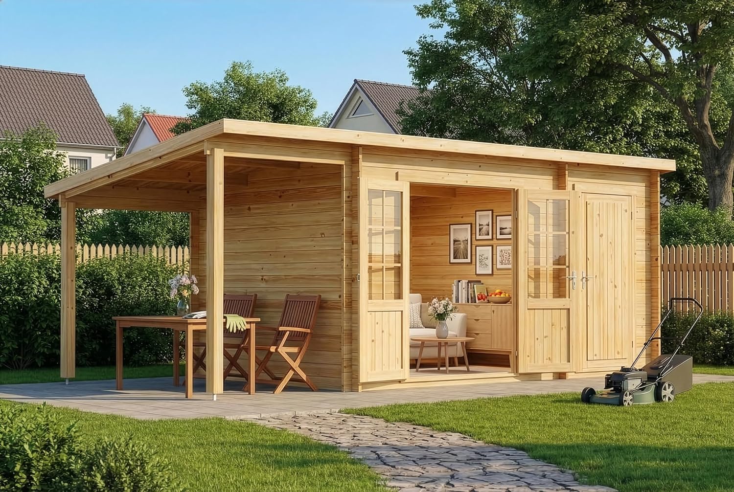 Alpholz Gartenhaus Maria mit Anbau & Schleppdach aus naturbelassenem Holz mit 40mm Wandstärke 598 x 272 cm