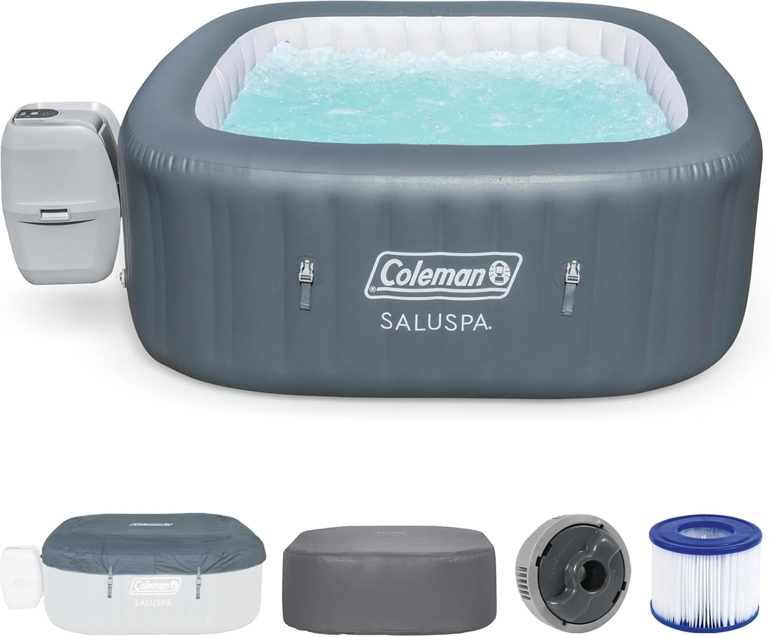 Coleman SaluSpa Atlantis AirJet 4 to 6 Person Inflatable Hot Tub Square Portable Outdoor Spa with 140 Soothing Jets with Cover, Blue